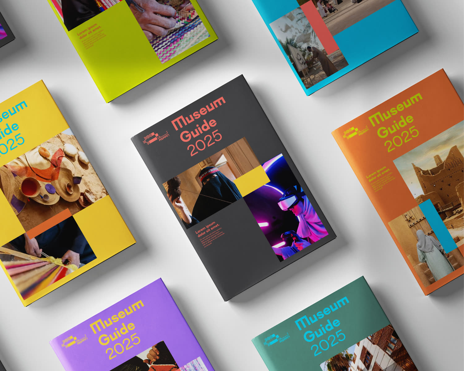 Museum guide covers in the identity palette
