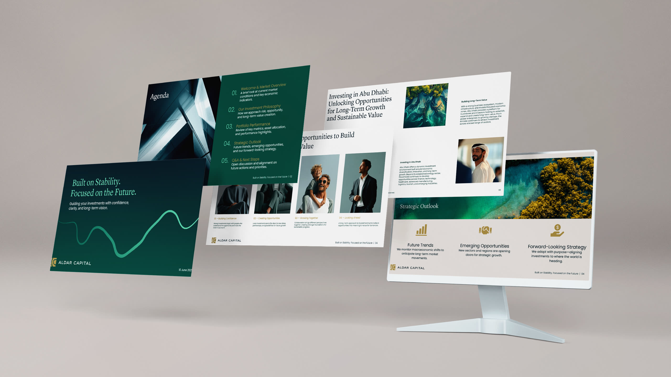Aldar Capital collateral and screens arranged together